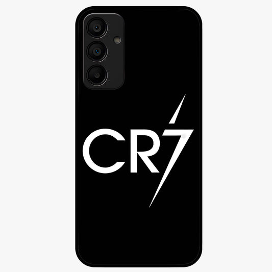 Cr7 Elite Strike Glass Case showing flat back view with dynamic football inspired artwork and glossy glass finish.