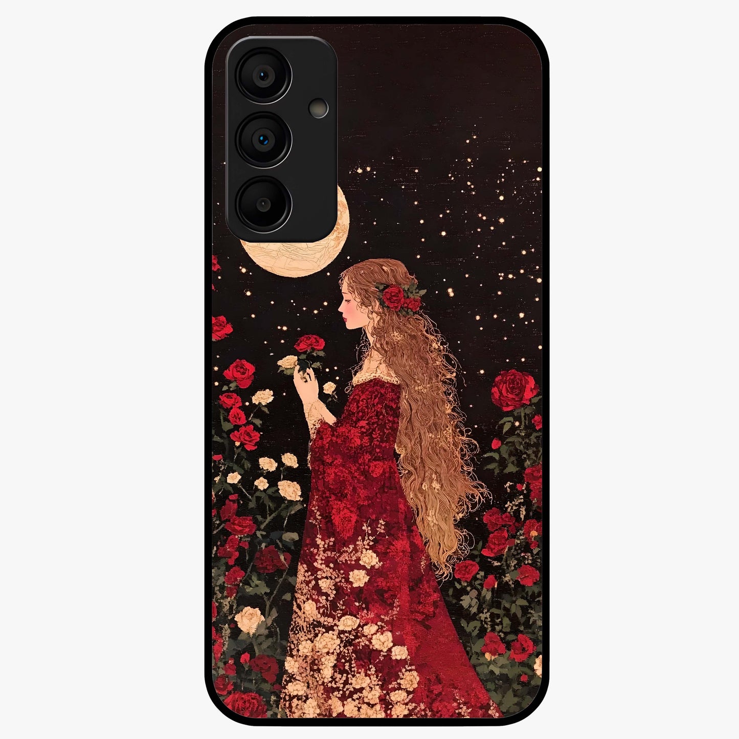 Crimson Dreams Glass Case showing flat back view with dreamy crimson artwork and glossy glass finish.