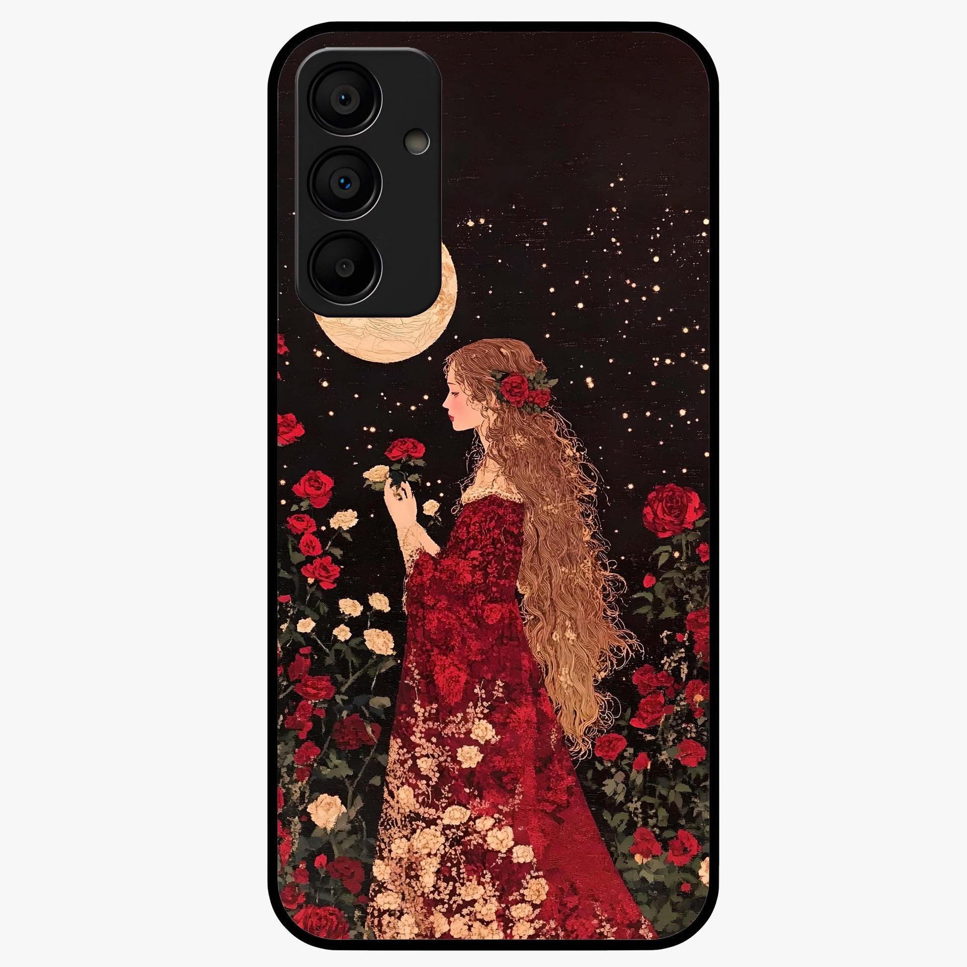 Crimson Dreams Glass Case showing flat back view with dreamy crimson artwork and glossy glass finish.