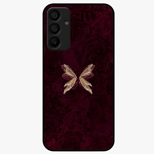 Crimson Fade Butterfly Glass Case showing flat back view with fading butterfly artwork and glossy glass finish.
