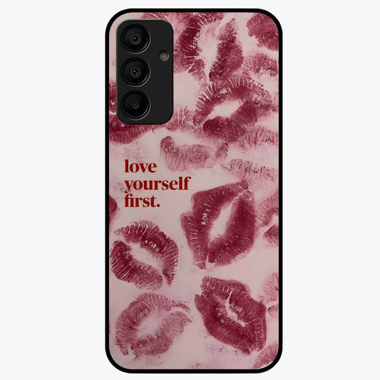Crimson Kiss Love Glass Case showing flat back view with romantic crimson themed artwork and glossy glass finish.