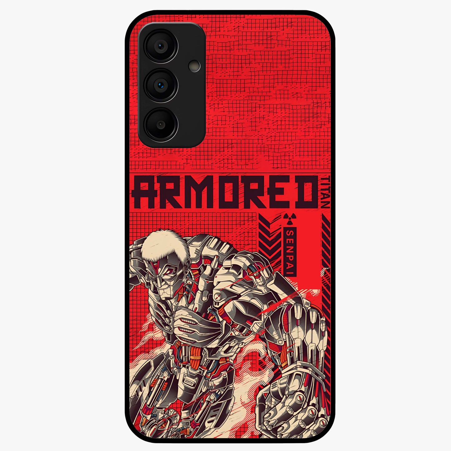 Crimson Mecha Titan Glass Case showing flat back view with powerful mech titan artwork and glossy glass finish.