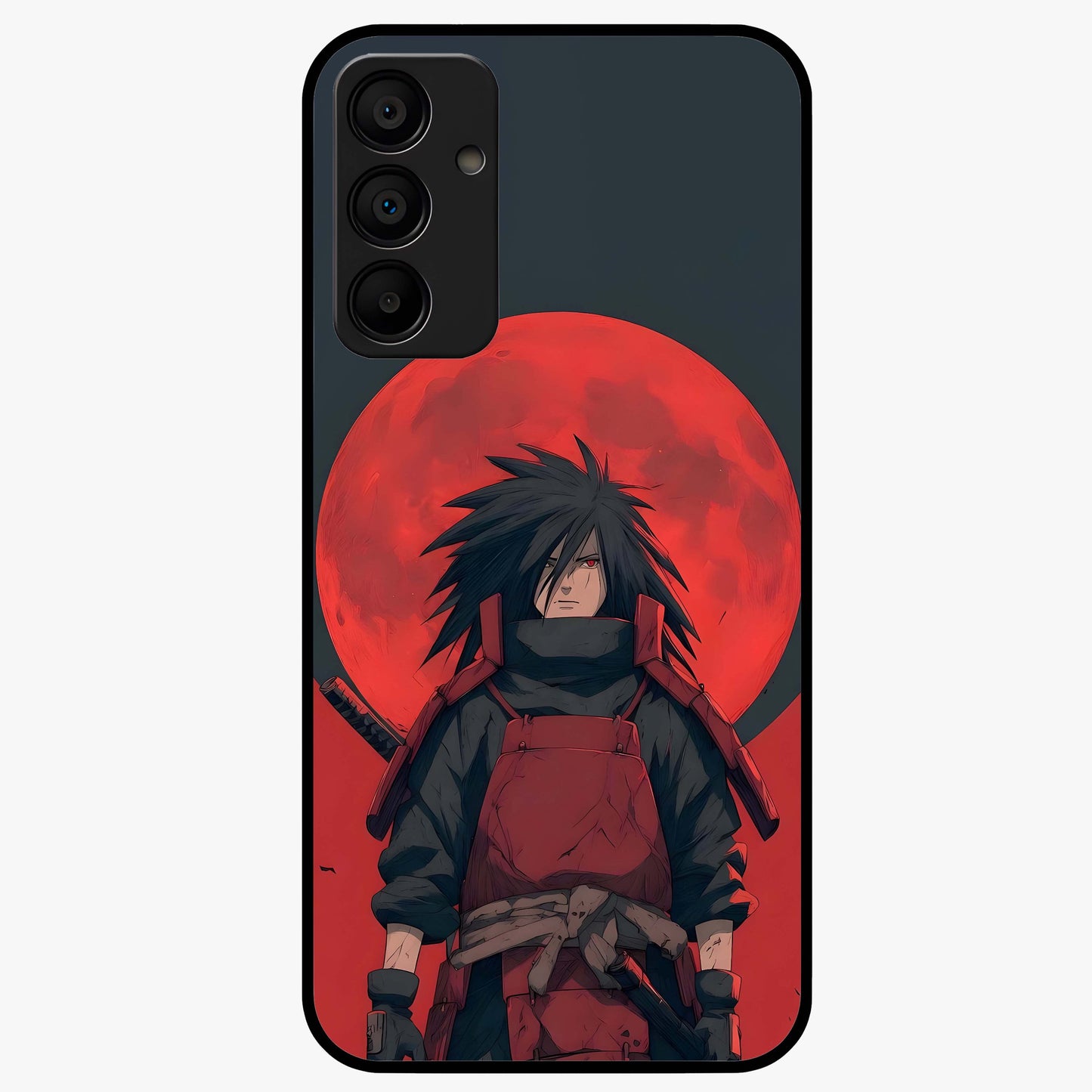 Crimson Moon Warlord Glass Case showing flat back view with mystical moon warrior artwork and glossy glass finish.