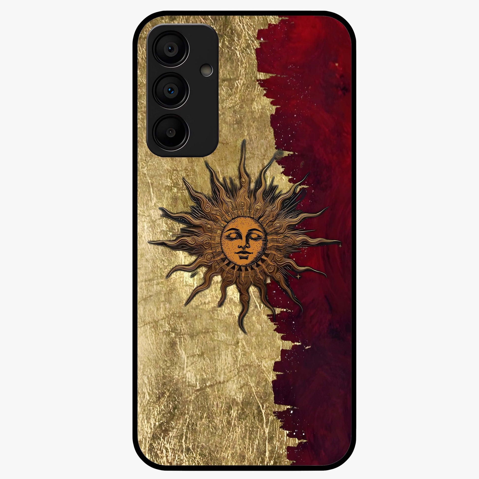 Crimson Sun Majesty Glass Case showing flat back view with radiant sun inspired artwork and glossy glass finish.