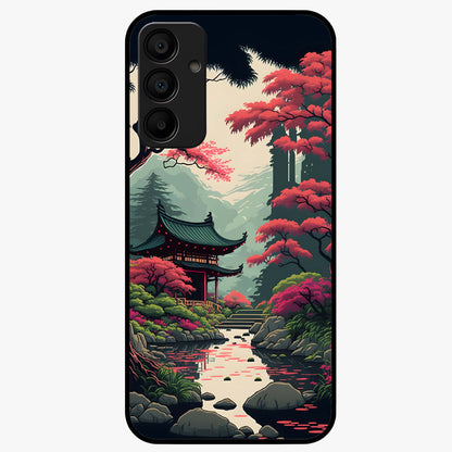 Crimson Temple View Glass Case showing flat back view with temple inspired artwork and glossy glass finish.