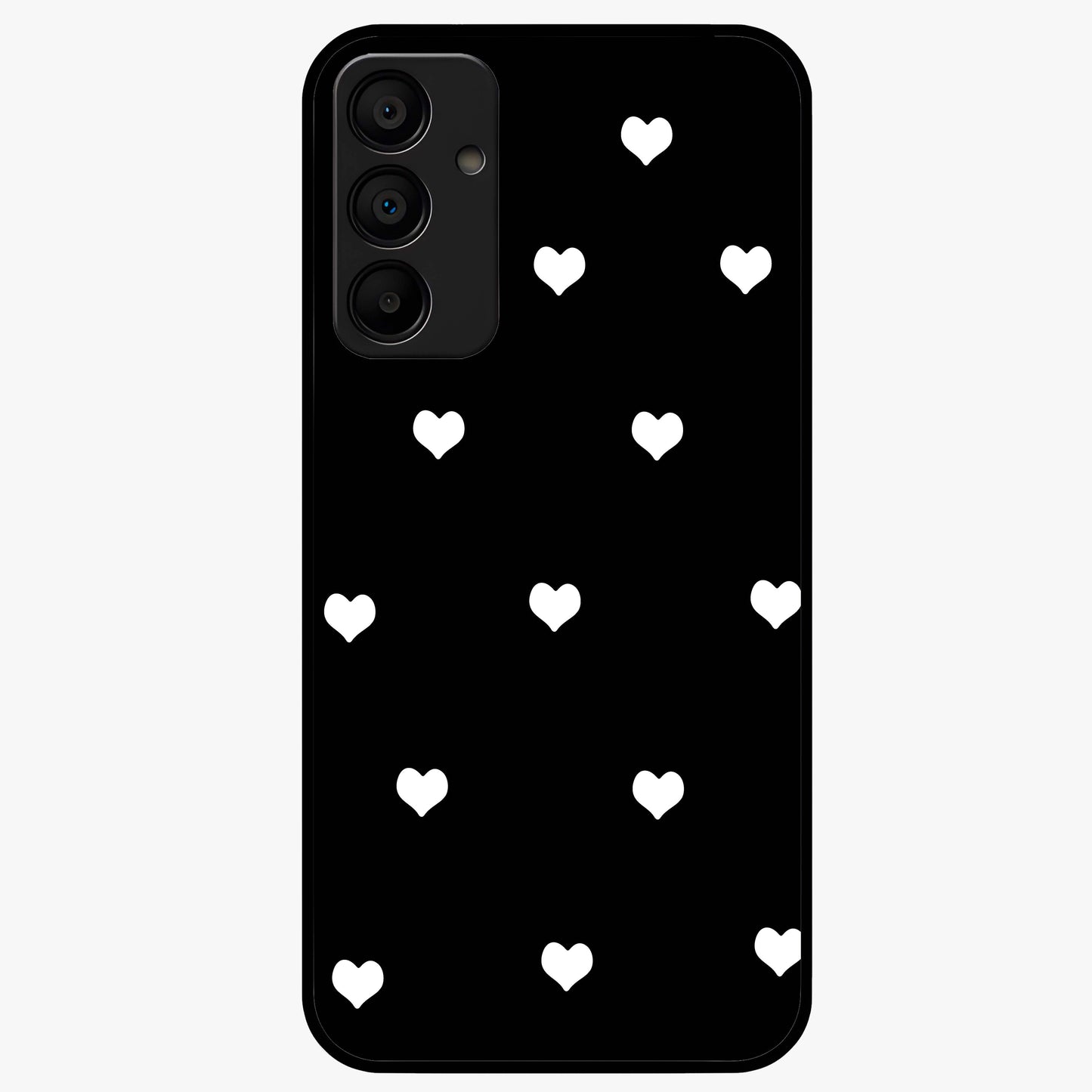 Cute And Simple White Hearts Glass Case showing flat back view with minimal white heart pattern and glossy glass finish.