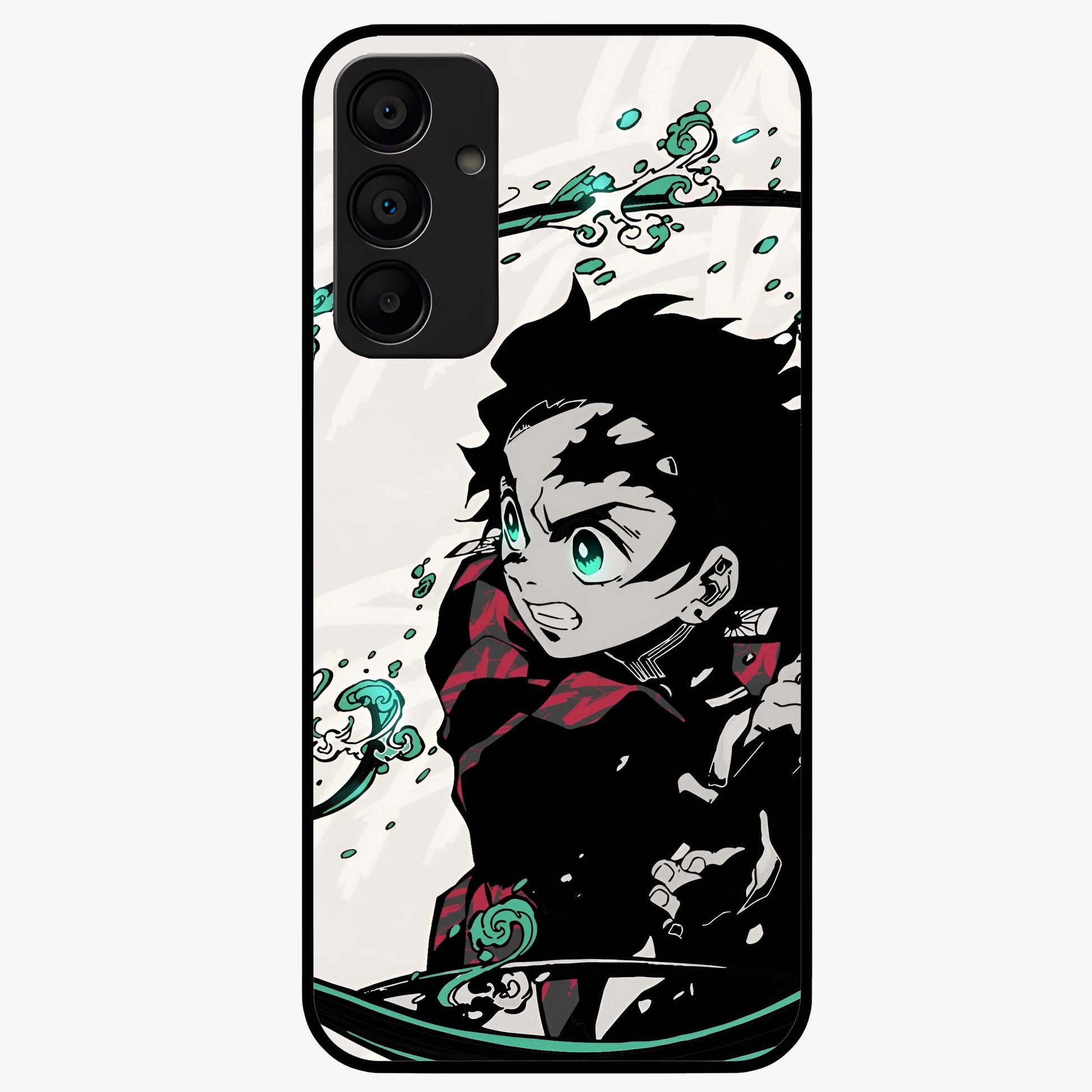 Demon Slayer Glass Case showing flat back view with bold anime inspired artwork and glossy glass finish.
