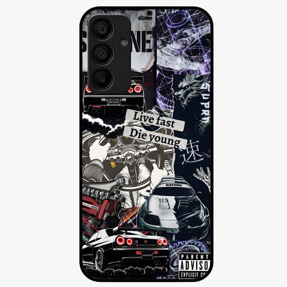 Die Young Glass Case showing flat back view with bold artistic typography design and glossy glass finish.