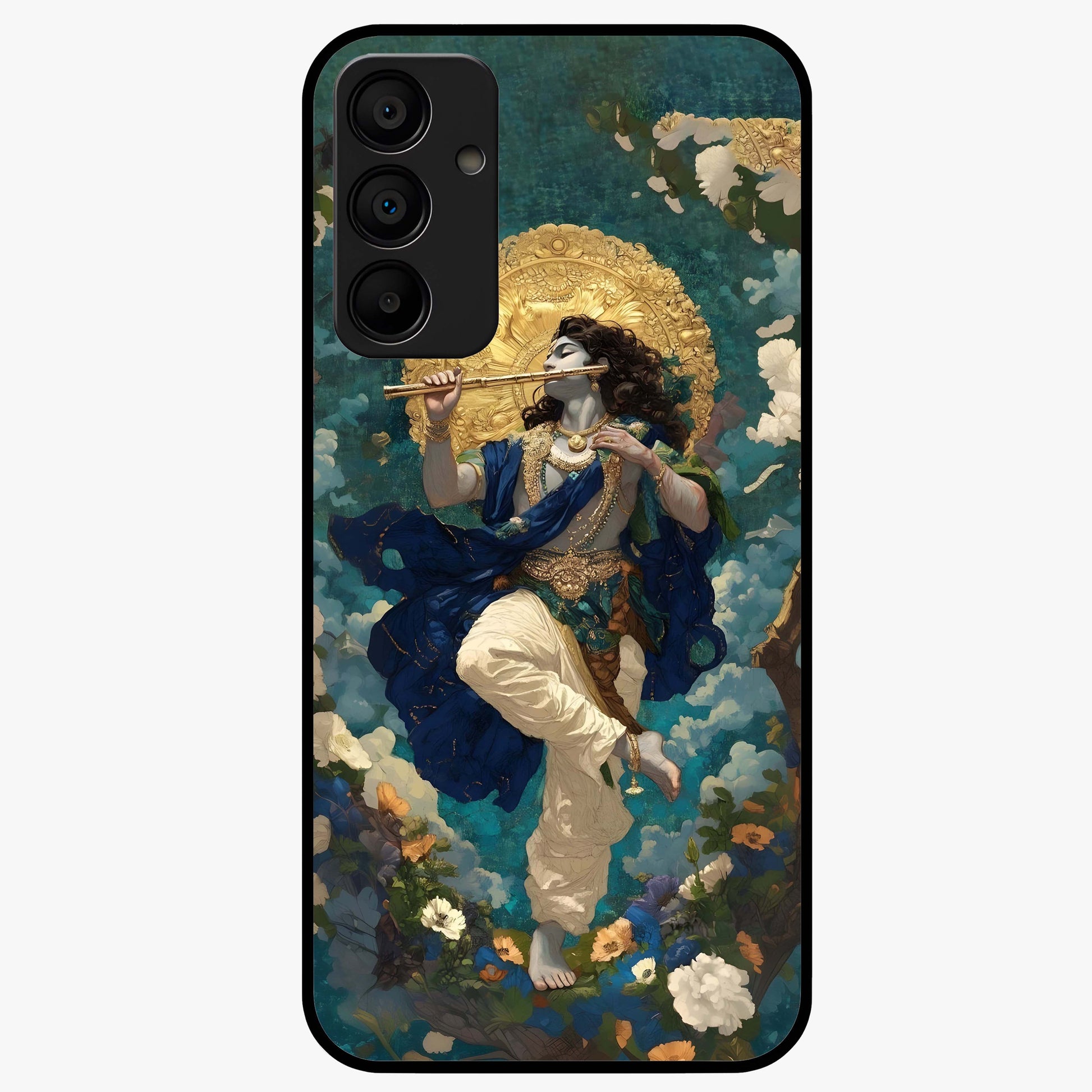 Divine Krishna Art Glass Case showing flat back view with Lord Krishna artwork and glossy glass finish.