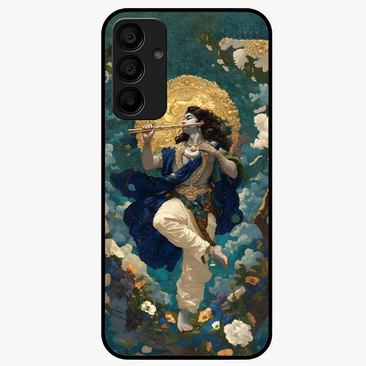 Divine Krishna Art Glass Case showing flat back view with Lord Krishna artwork and glossy glass finish.