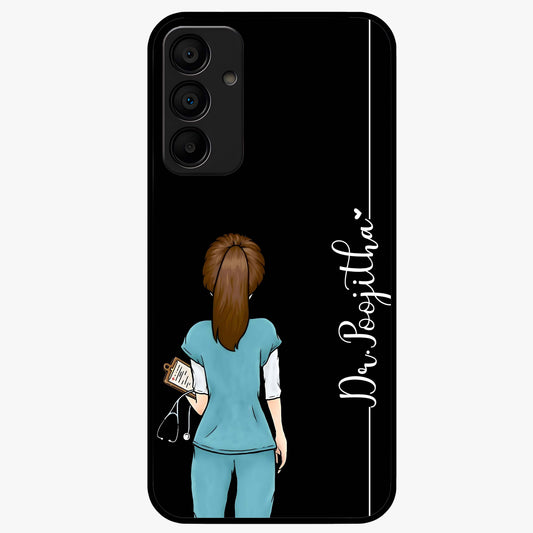 Doctor Pattern Custom Name Glass Case showing flat back view with medical themed pattern and personalized name design.