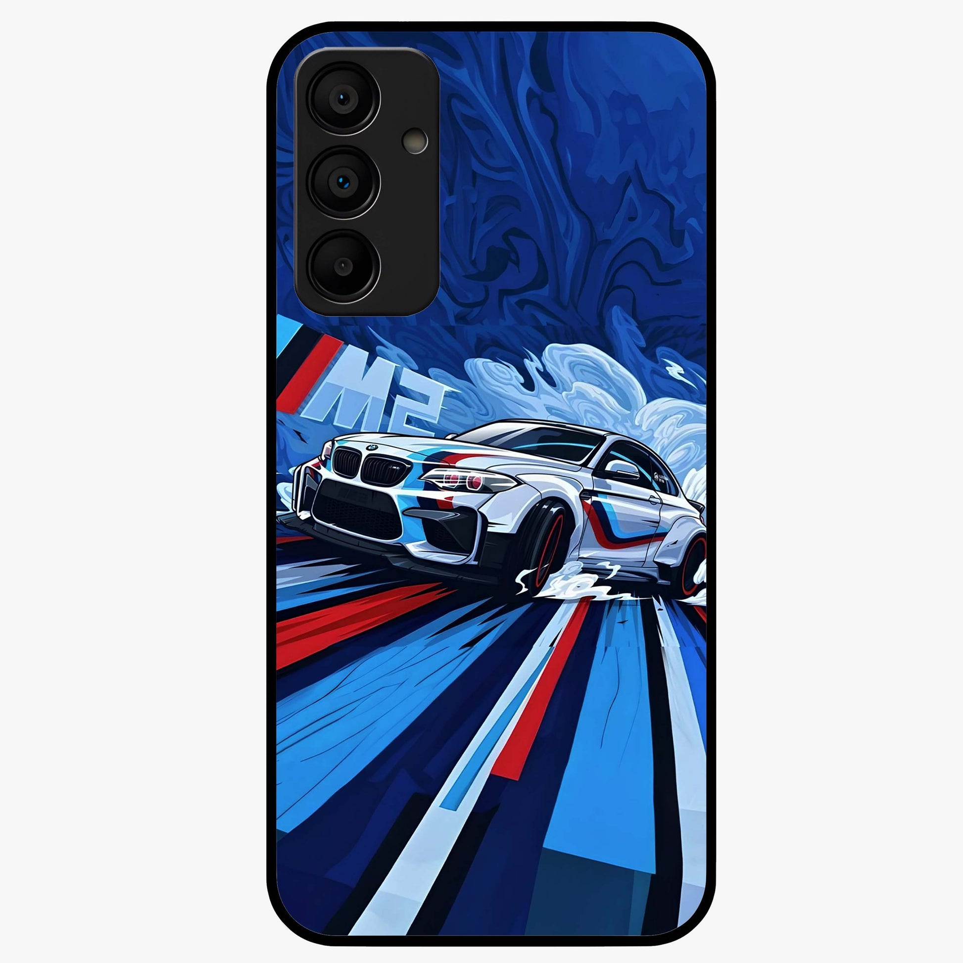 Drift Power Rush Glass Case showing flat back view with dynamic racing inspired artwork and glossy glass finish.