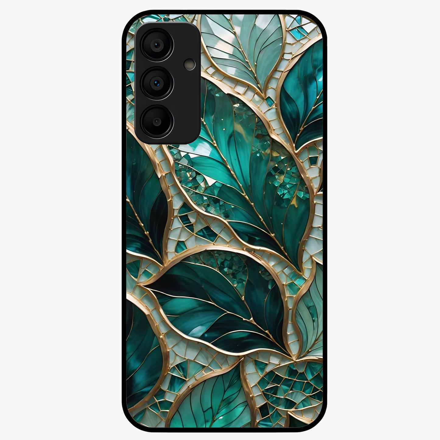 Emerald Leaf Glass Glass Case showing flat back view with emerald green leaf artwork and glossy glass finish.
