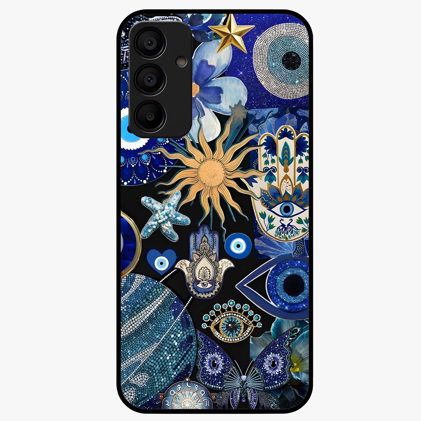 Evil Eye Charm Mix Glass Case showing flat back view with multiple evil eye charms artwork and glossy glass finish.