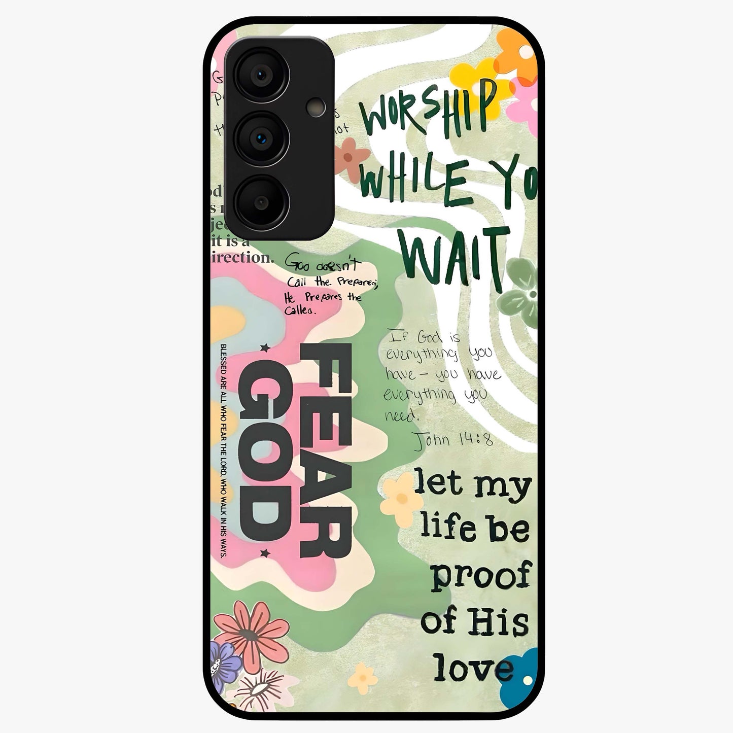 Faith Over Fear Glass Case showing flat back view with motivational typography artwork and glossy glass finish.