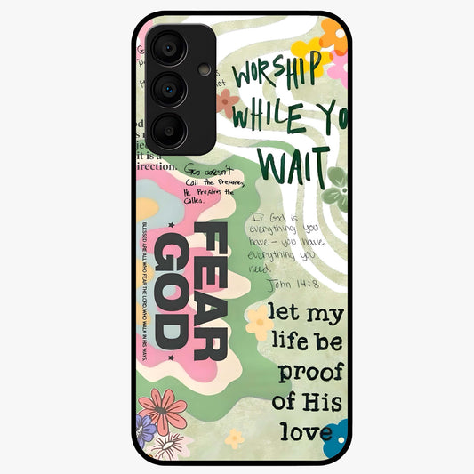 Faith Over Fear Glass Case showing flat back view with motivational typography artwork and glossy glass finish.