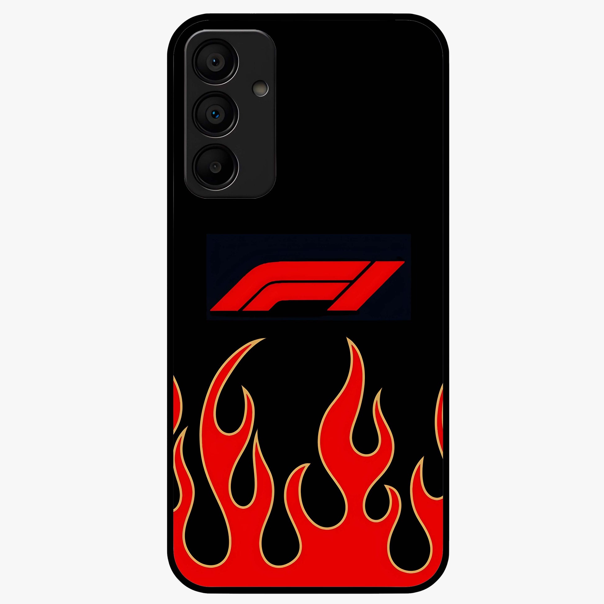 Fire F11 Glass Case showing flat back view with fiery themed artwork and glossy glass finish.