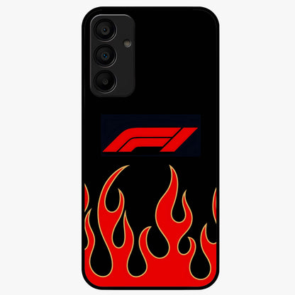 Fire F11 Glass Case showing flat back view with fiery themed artwork and glossy glass finish.