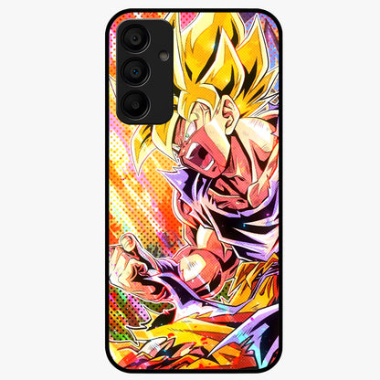 Firing Goku Glass Case showing flat back view with powerful anime inspired artwork and glossy glass finish.