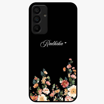 Floral Design With a Custom Personalized Name Glass Case showing flat back view with floral artwork and personalized name design.