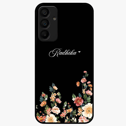 Floral Design With a Custom Personalized Name Glass Case showing flat back view with floral artwork and personalized name design.