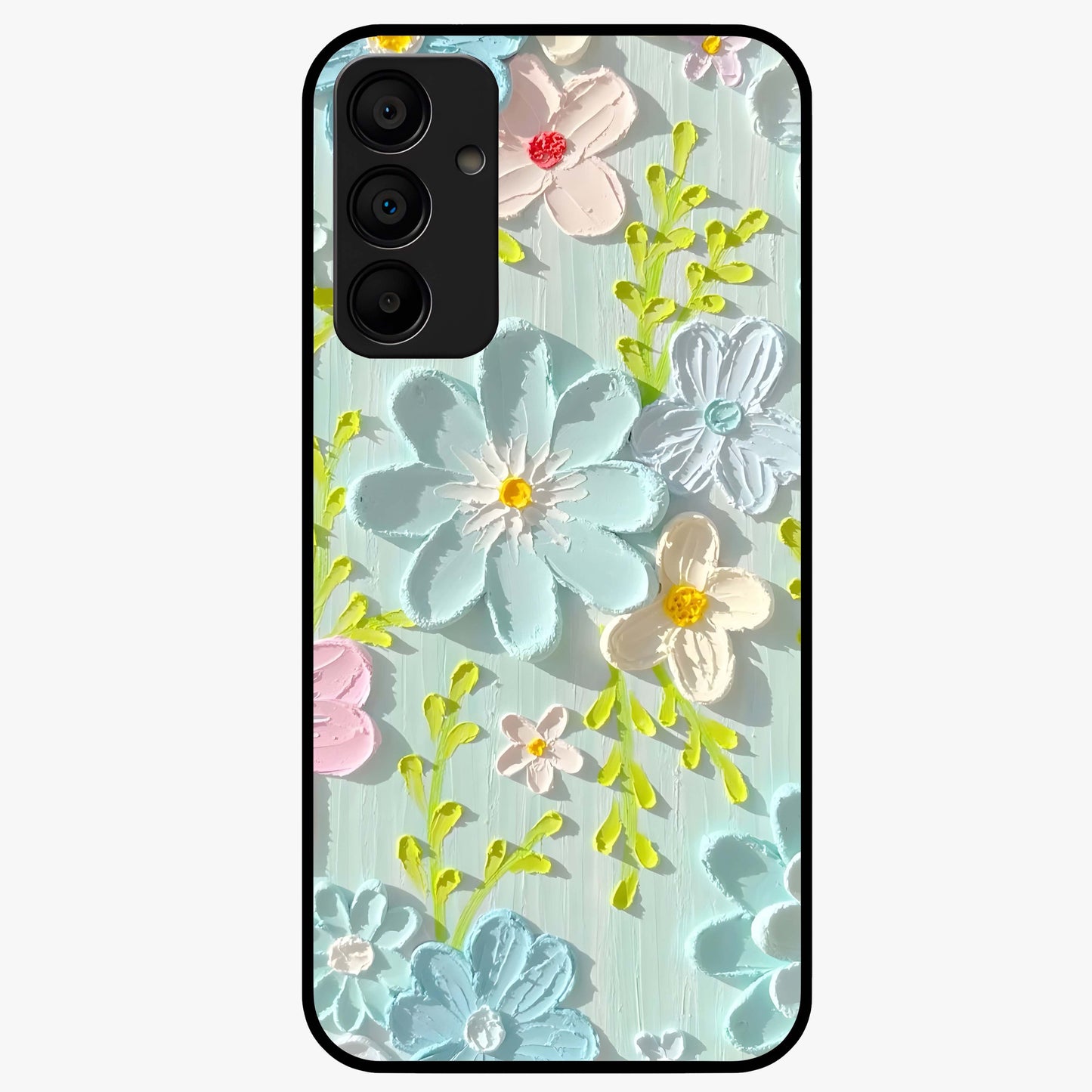 Frosted Petal Garden Glass Case showing flat back view with soft frosted floral artwork and glossy glass finish.