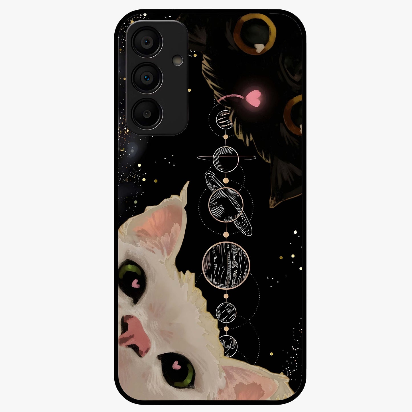 Galactic Cat Glass Case showing flat back view with cosmic cat artwork and glossy glass finish.