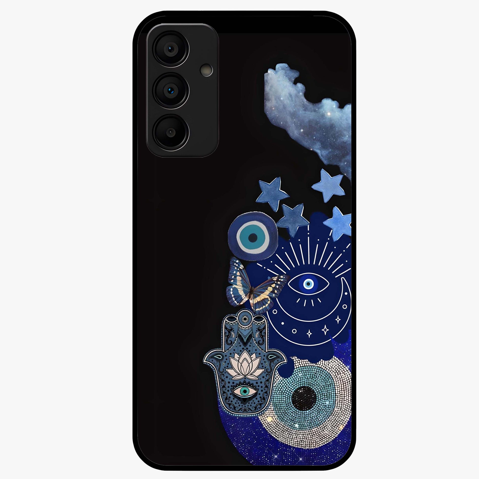 Galactic Charm Cluster Glass Case showing flat back view with glowing celestial charm artwork and glossy glass finish.