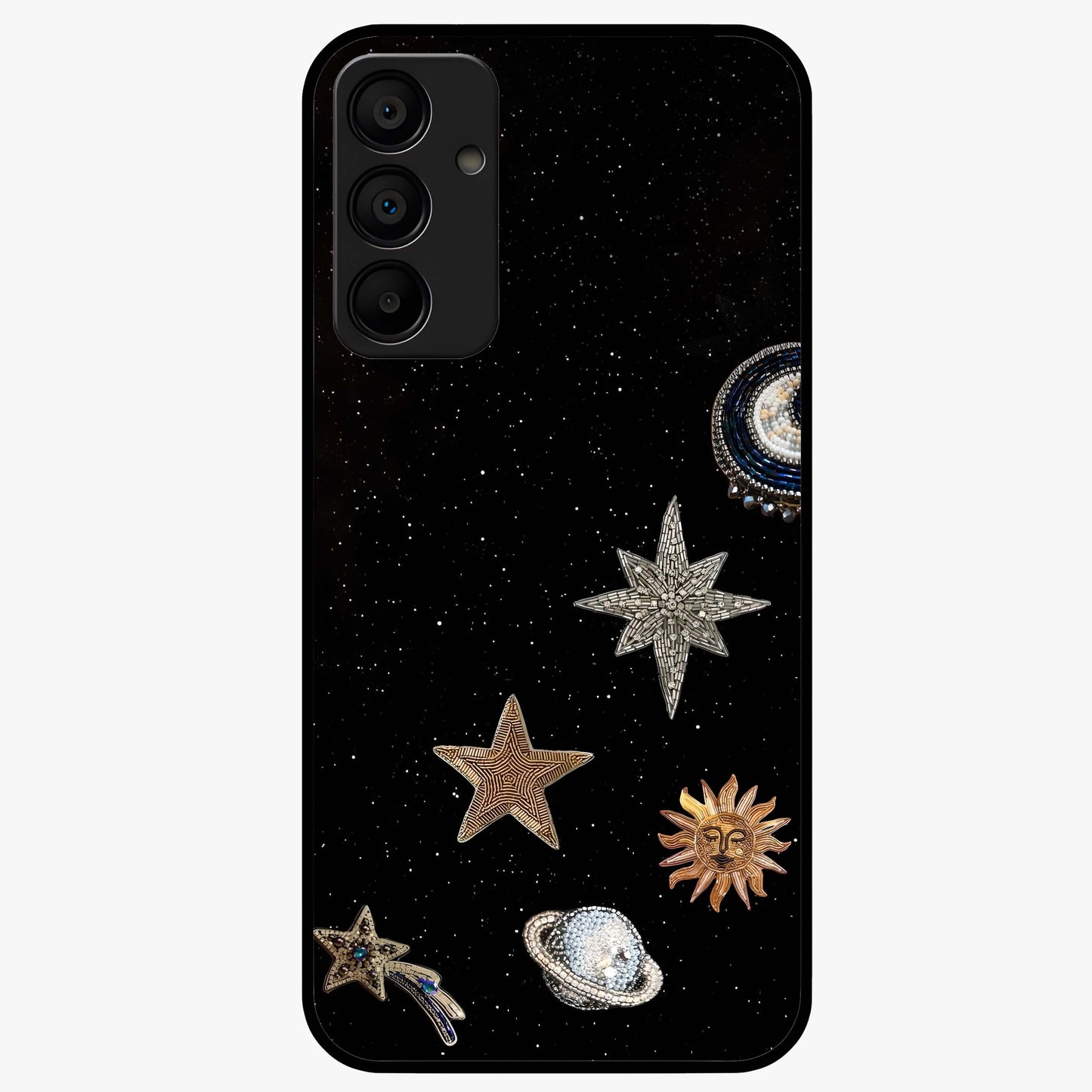 Galactic Charm Glow Glass Case showing flat back view with glowing celestial charm artwork and glossy glass finish.