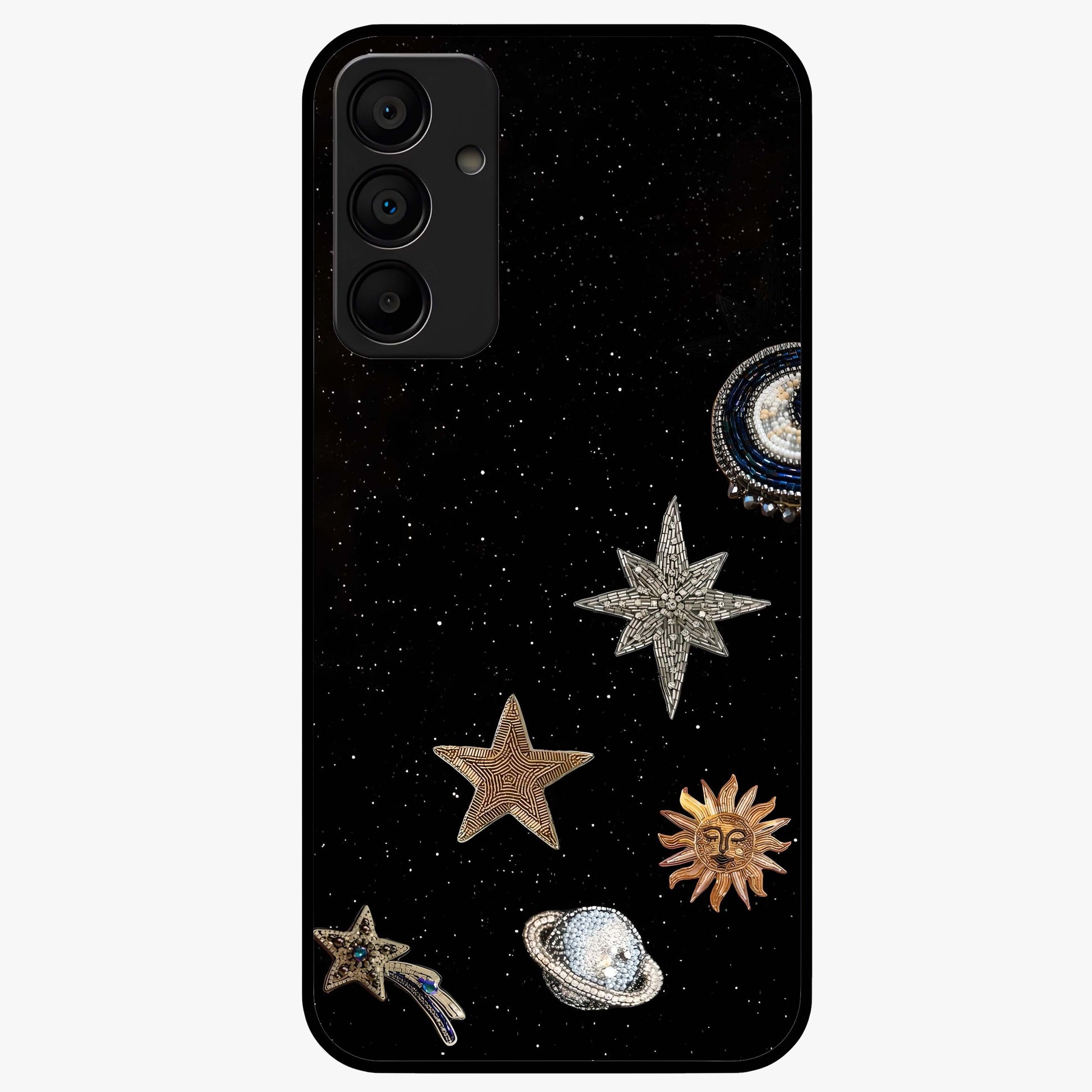 Galactic Charm Glow Glass Case showing flat back view with glowing celestial charm artwork and glossy glass finish.
