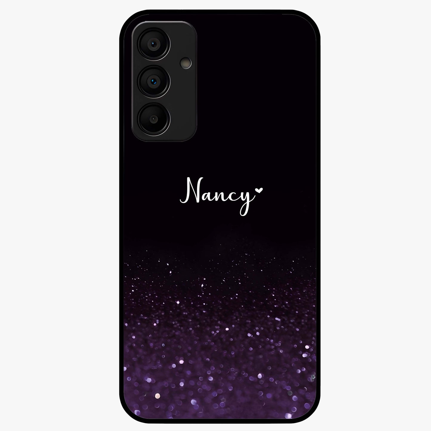Glittery Purple Bokeh Custom Name Glass Case showing flat back view with purple bokeh sparkle artwork and personalized name design.