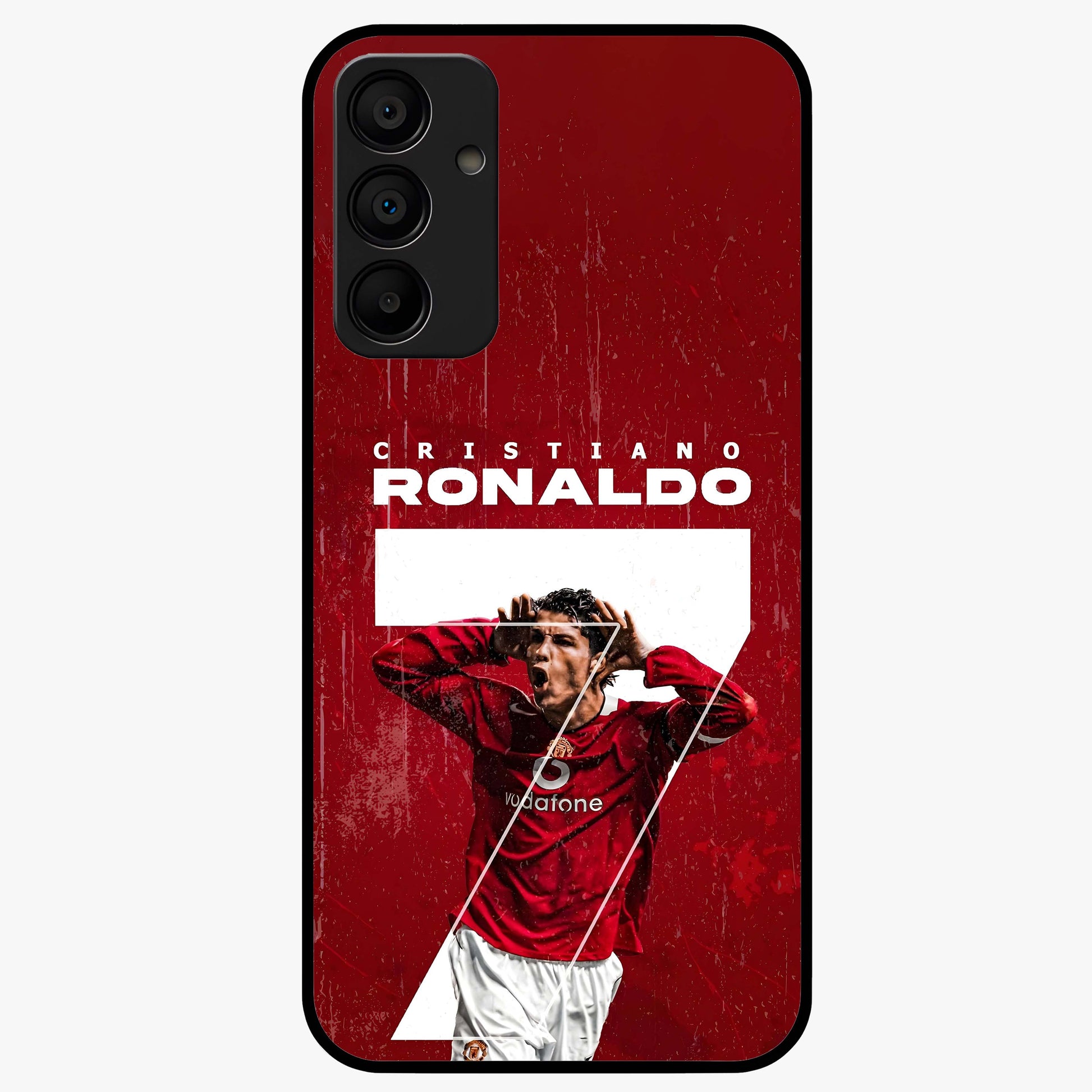 Goal Celebration Legacy Glass Case showing flat back view with football celebration inspired artwork and glossy glass finish.