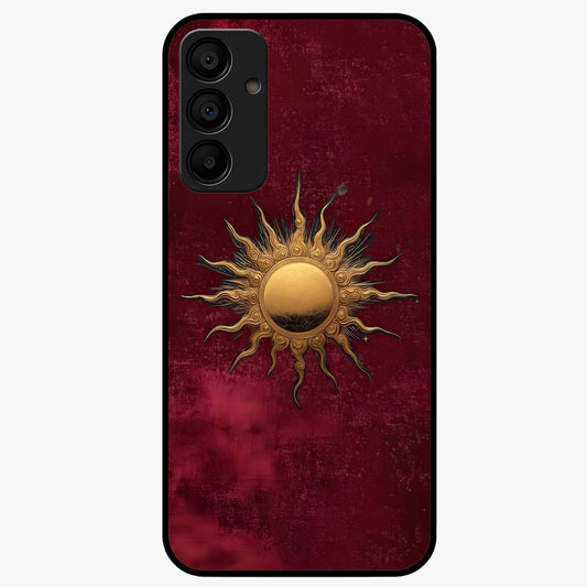 Gold Sun Blush Glass Case showing flat back view with golden sun inspired artwork and glossy glass finish.