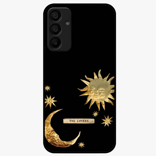 Golden Celestial Charm Glass Case showing flat back view with golden celestial charm artwork and glossy glass finish.