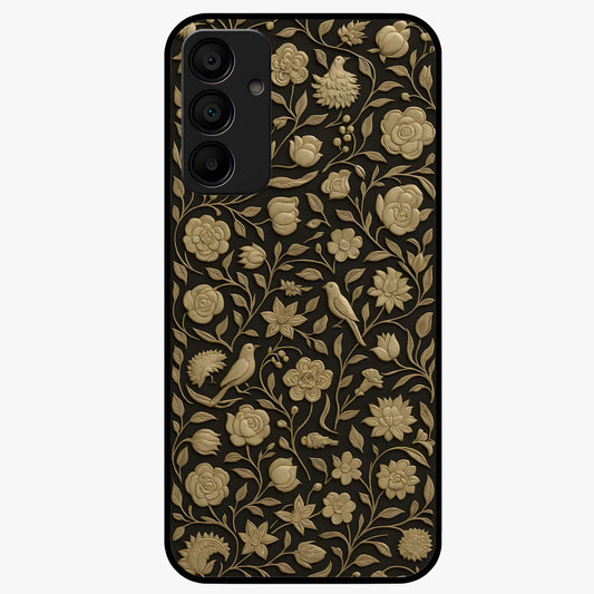 Golden Floral Majesty Glass Case showing flat back view with luxurious golden floral artwork and glossy glass finish.