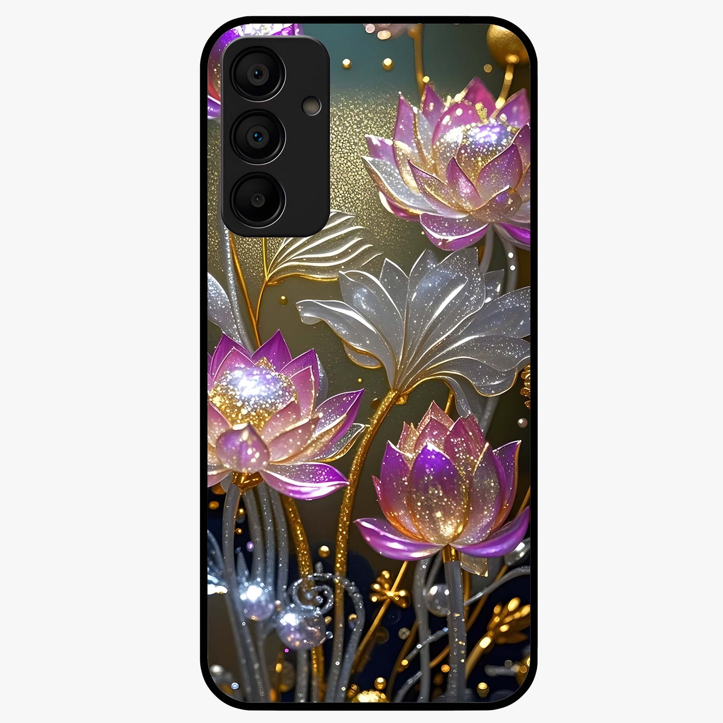 Golden Lotus Glow Glass Case showing flat back view with glowing lotus flower artwork and glossy glass finish.