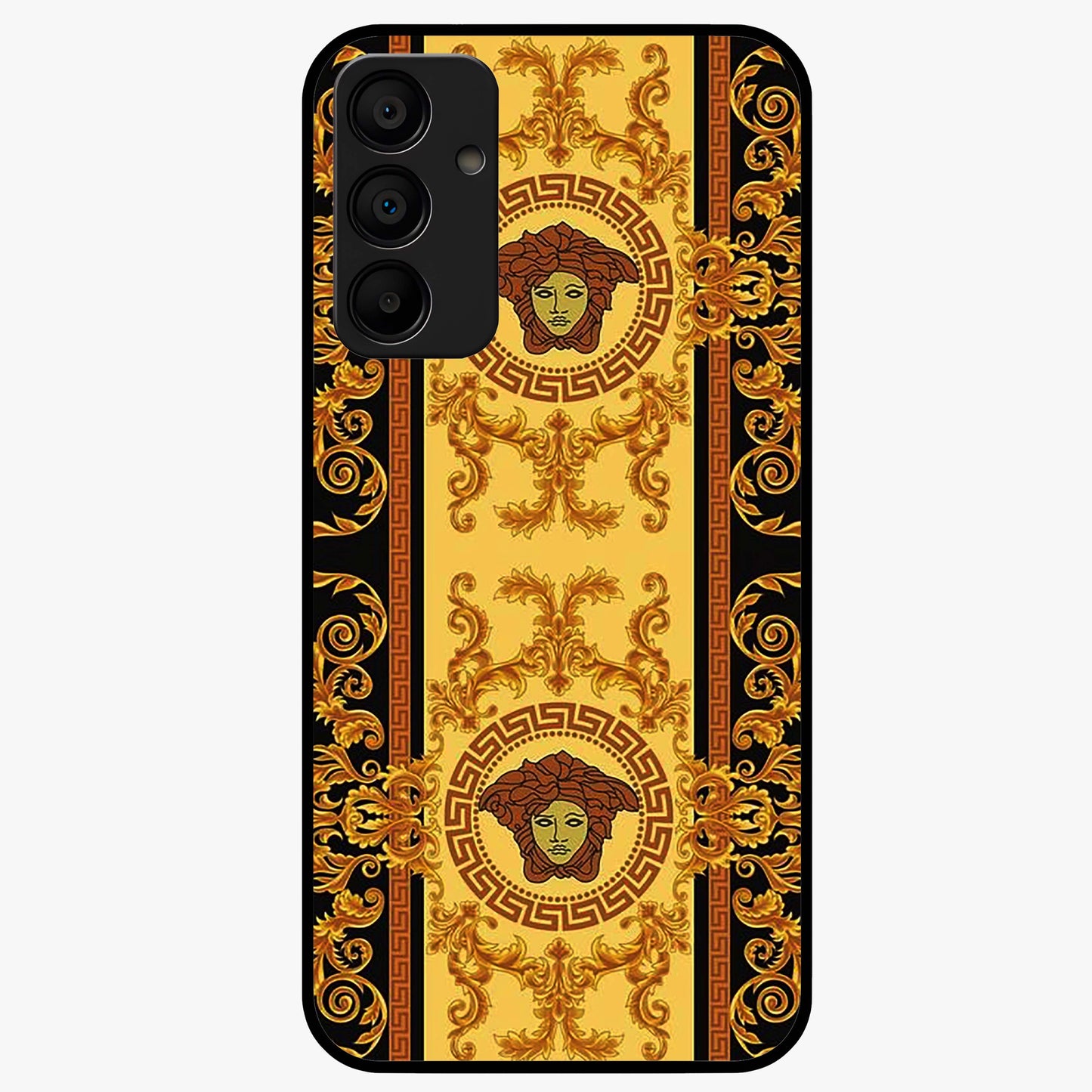Golden Royal Heritage Glass Case showing flat back view with ornate royal pattern artwork and glossy glass finish.