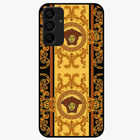 Golden Royal Heritage Glass Case showing flat back view with ornate royal pattern artwork and glossy glass finish.