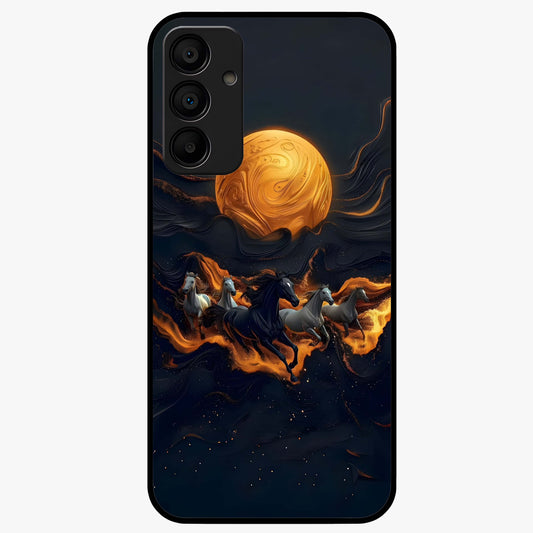 Golden Stallion Moonride Glass Case showing flat back view with majestic horse under moonlight artwork and glossy glass finish.