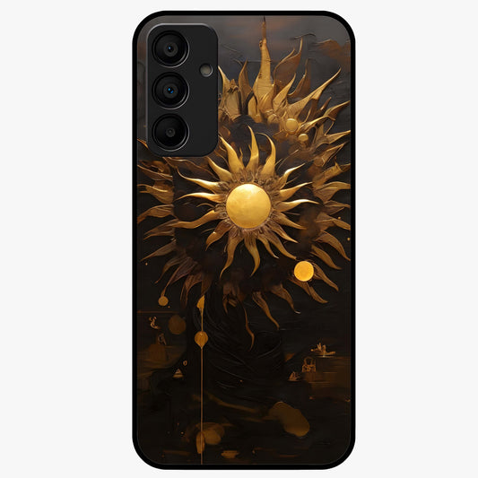 Golden Sun Majesty Glass Case showing flat back view with radiant golden sun artwork and glossy glass finish.