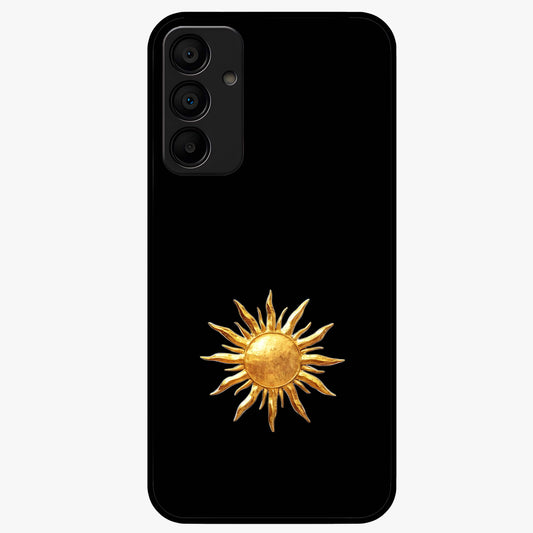 Golden Sun Minimalism Glass Case showing flat back view with minimal golden sun artwork and glossy glass finish.