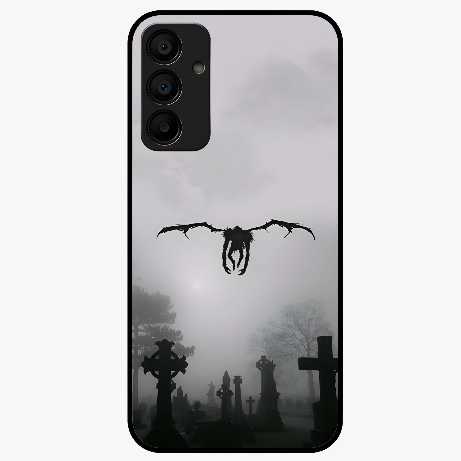 Graveyard Shadow Descent Glass Case showing flat back view with dark graveyard themed artwork and glossy glass finish.