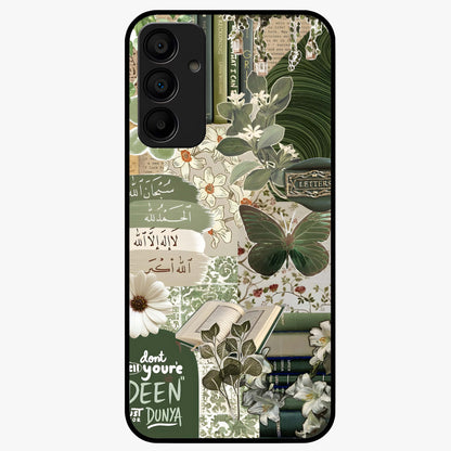 Green Islamic Books Quotes Glass Case showing flat back view with Islamic quotes and book themed artwork and glossy glass finish.