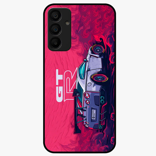 GT-R Car Pattern Glass Case showing flat back view with sporty car inspired pattern artwork and glossy glass finish.