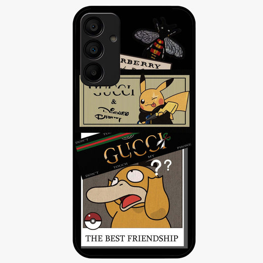 Gucci Play Mashup Glass Case showing flat back view with luxury inspired graphic artwork and glossy glass finish.