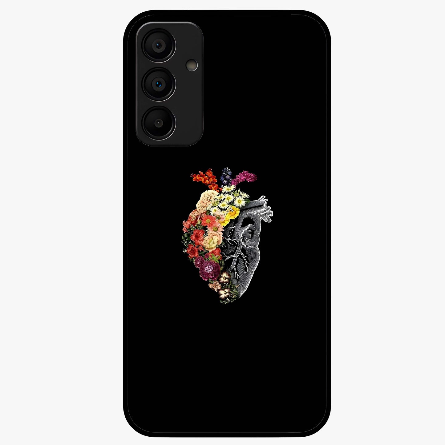 Heart With Flowers Glass Case showing flat back view with heart shaped floral artwork and glossy glass finish.