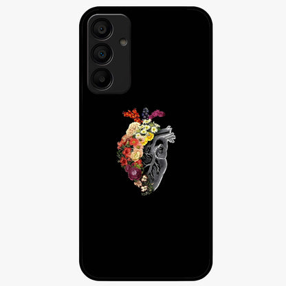 Heart With Flowers Glass Case showing flat back view with heart shaped floral artwork and glossy glass finish.