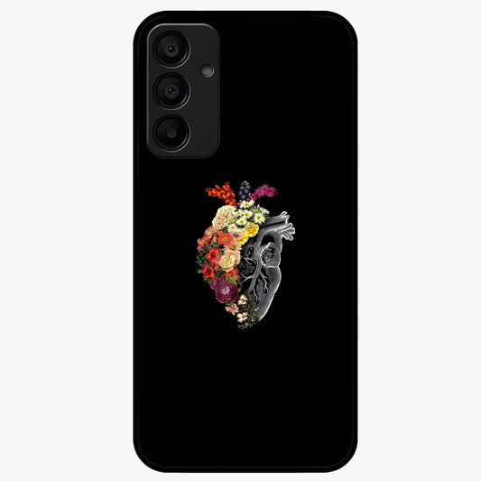 Heart With Flowers Glass Case showing flat back view with heart shaped floral artwork and glossy glass finish.