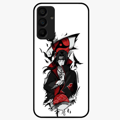 Itachi Sharingan Glass Case showing flat back view with powerful anime eye artwork and glossy glass finish.