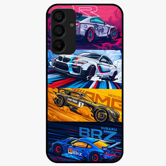JDM Sports Car Glass Case showing flat back view with high performance sports car artwork and glossy glass finish.
